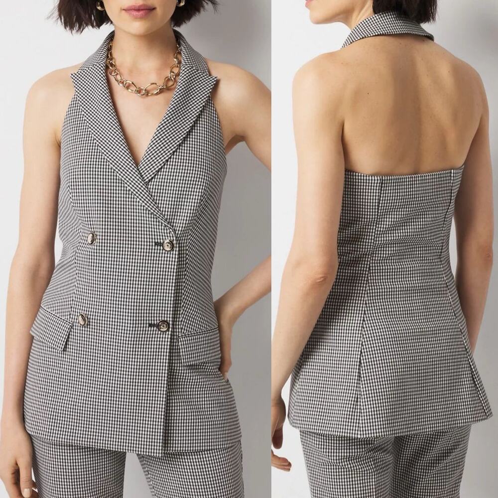 White House Black Market Gingham Halter Vest Top Double Breasted Womens Size 14